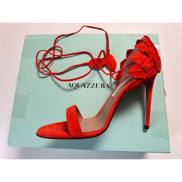 Aquazzura Orange Suede Leaf Detail Lace Up Stiletto Sandals Heels Size 37.5 - Picture 9 of 11